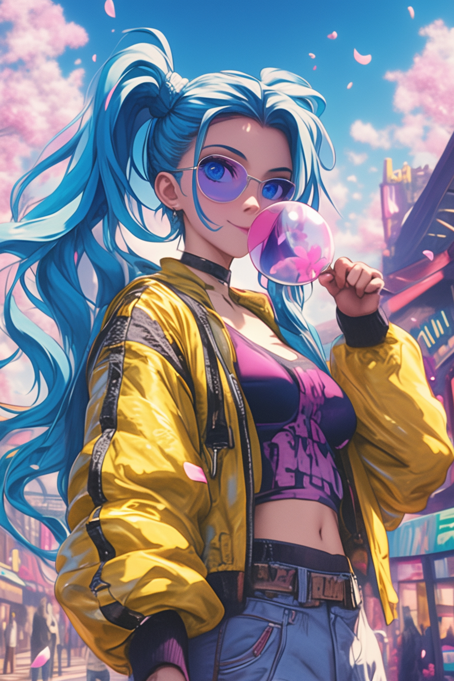 A vibrant anime-style cosplay illustration featuring Beyoncé as Nezuko from Demon Slayer, Emma Watson as Revy from Black Lagoon, Billie Eilish as Maka from Soul Eater, and Rihanna as Erza from Fairy Tail in modern streetwear mixed with signature anime outfits