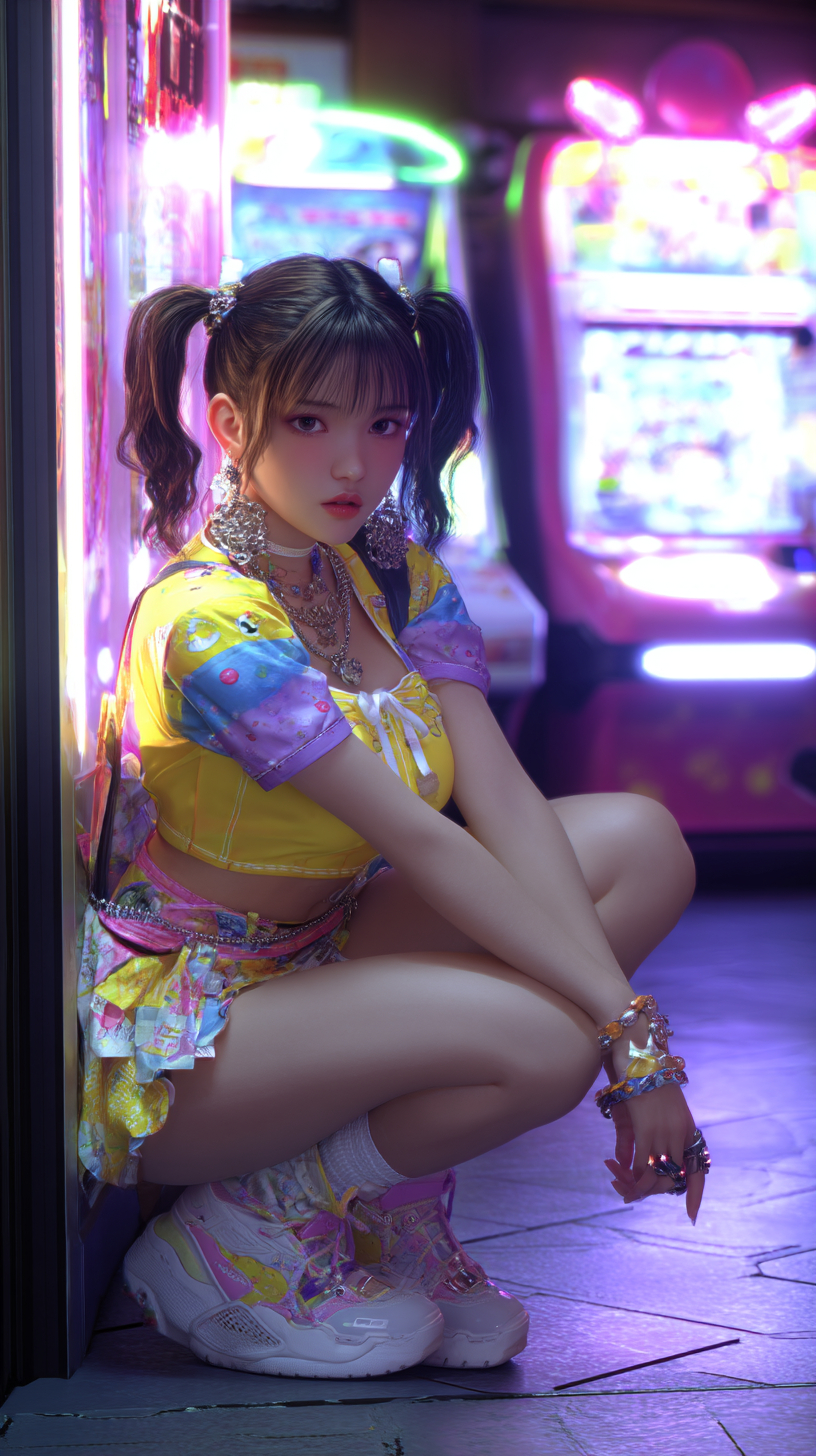 Una chica de secundaria coreana en moda callejera de verano posa de manera juguetona frente a una arcade iluminada con neón.