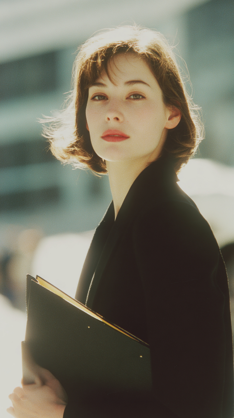 Uma mulher de carreira em um blazer preto de ombros estreitos segurando uma pasta na frente de um edifício comercial em Shinjuku nos anos 80