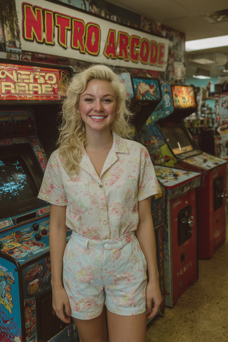 金髪の美しい女性がNitro Arcadeのシャツとショートパンツを着ています