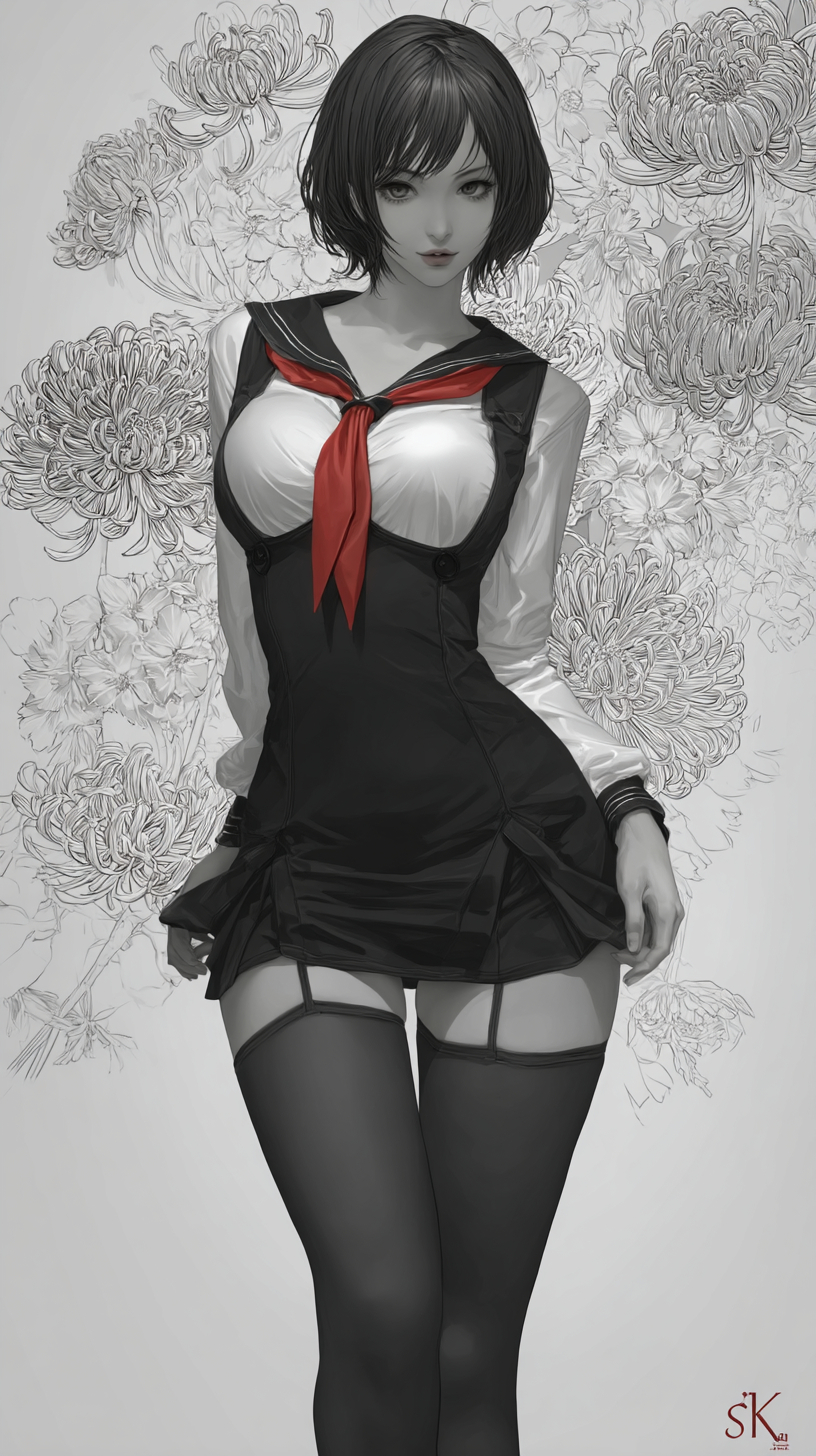 Une élégante jeune fille japonaise portant une robe noire courte et un haut de style marin blanc avec une cravate rouge, sur fond de fleurs dessinées au crayon noir, affichant une expression espiègle
