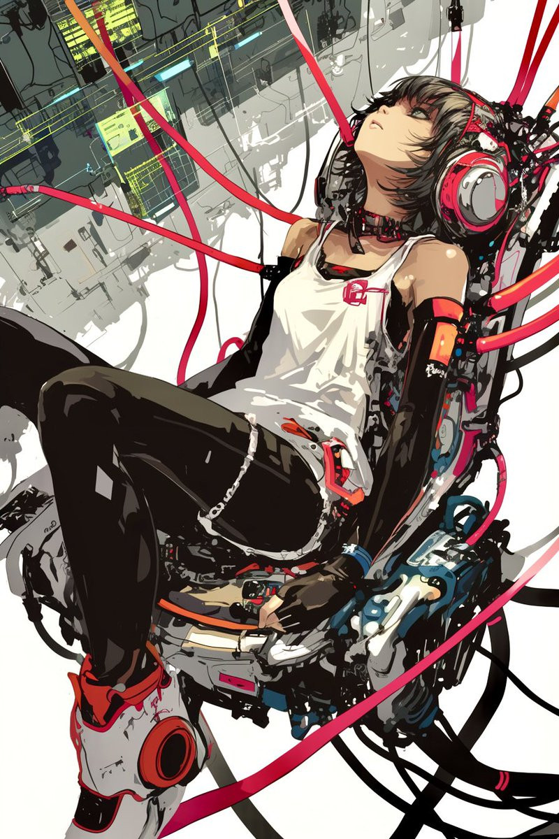 A cyberpunk young woman in a white tank top and black pants