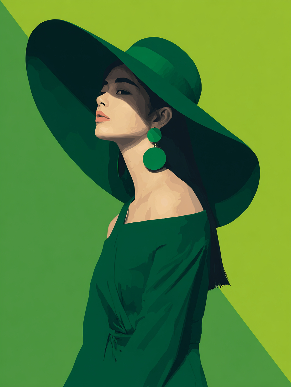 A woman wears a wide-brimmed dark green hat and an off-shoulder dark green garment