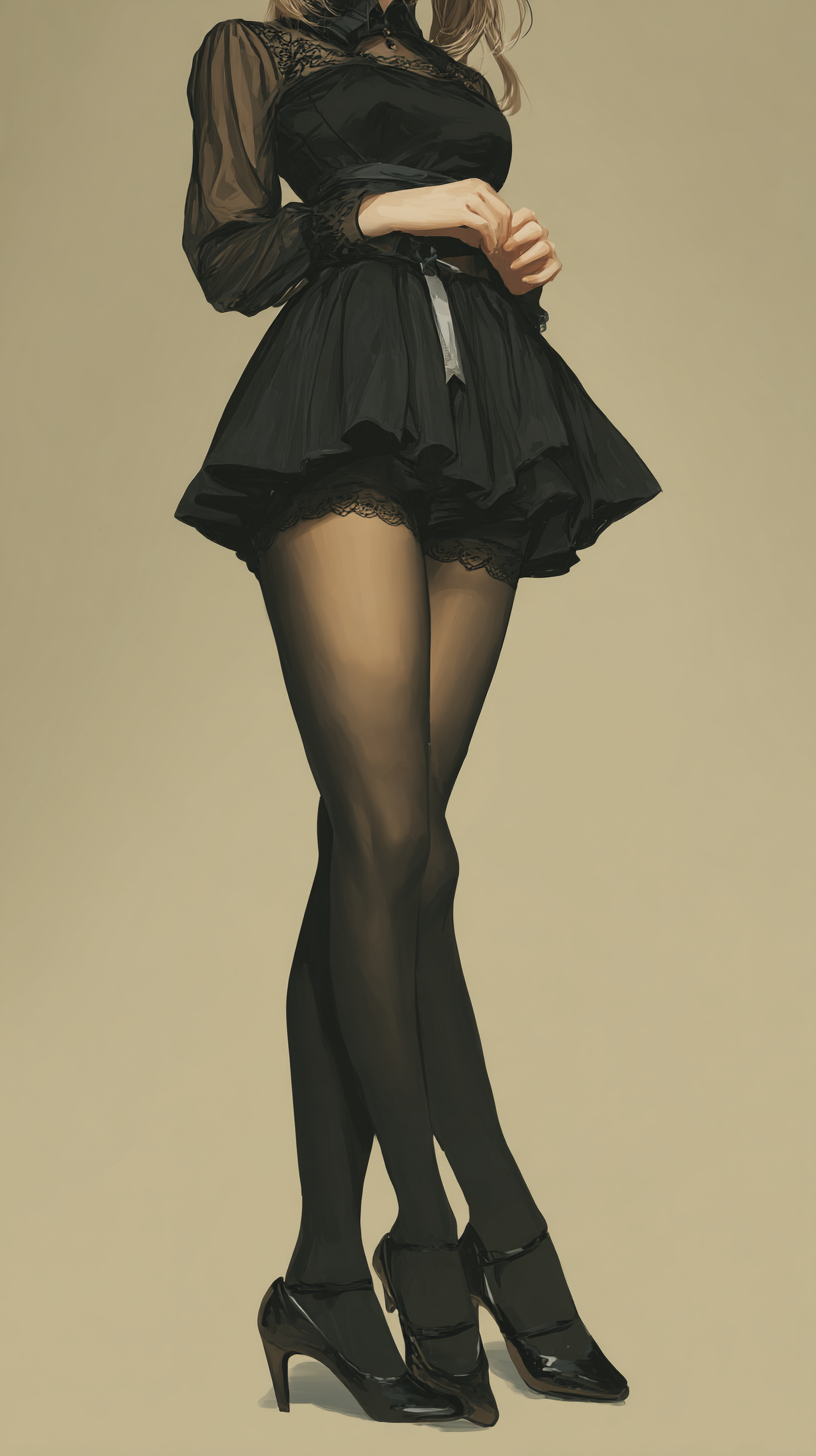 Une fille d'anime dans un style ancien avec une jupe courte et des bas noirs