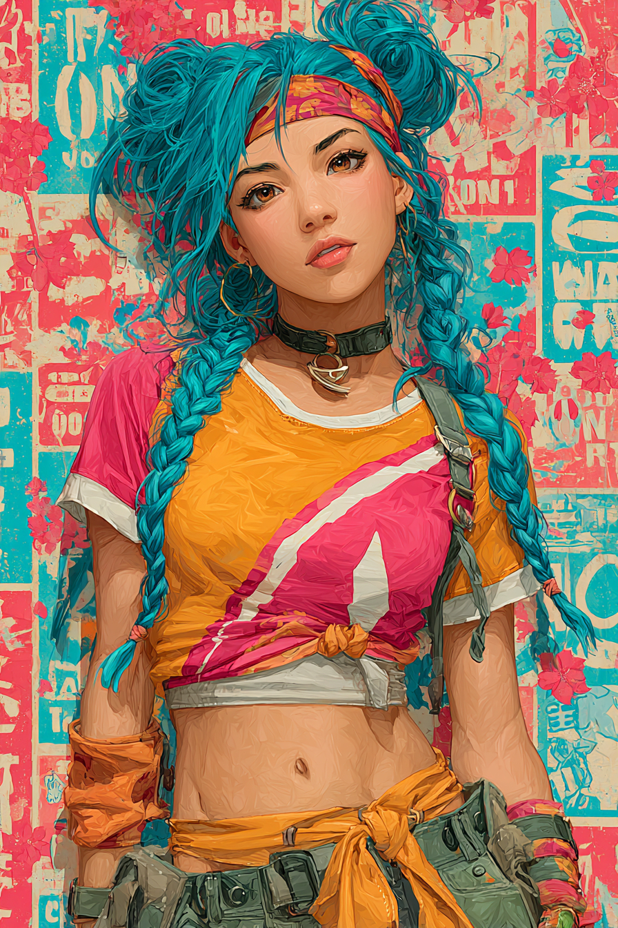 Eine lebendige Anime-Stil Cosplay-Illustration, die ikonische weibliche Prominente mit Anime-Charakteren verbindet