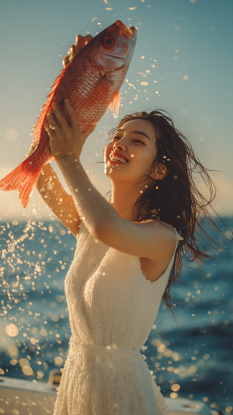 Une femme coréenne sur un yacht portant une robe blanche sans manches soulève un doré rouge de taille moyenne avec un sourire espiègle