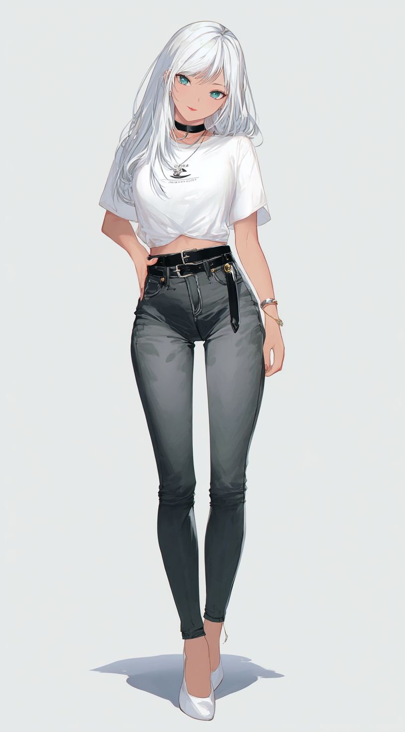 Una hermosa chica de cabello blanco lleva una camiseta de manga corta al estilo anime y jeans grises, sonriendo a la cámara