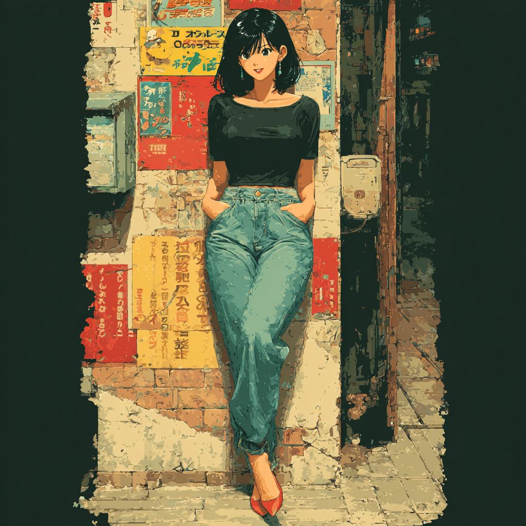 A fashionable beautiful girl wearing high-waisted jeans and a tight top