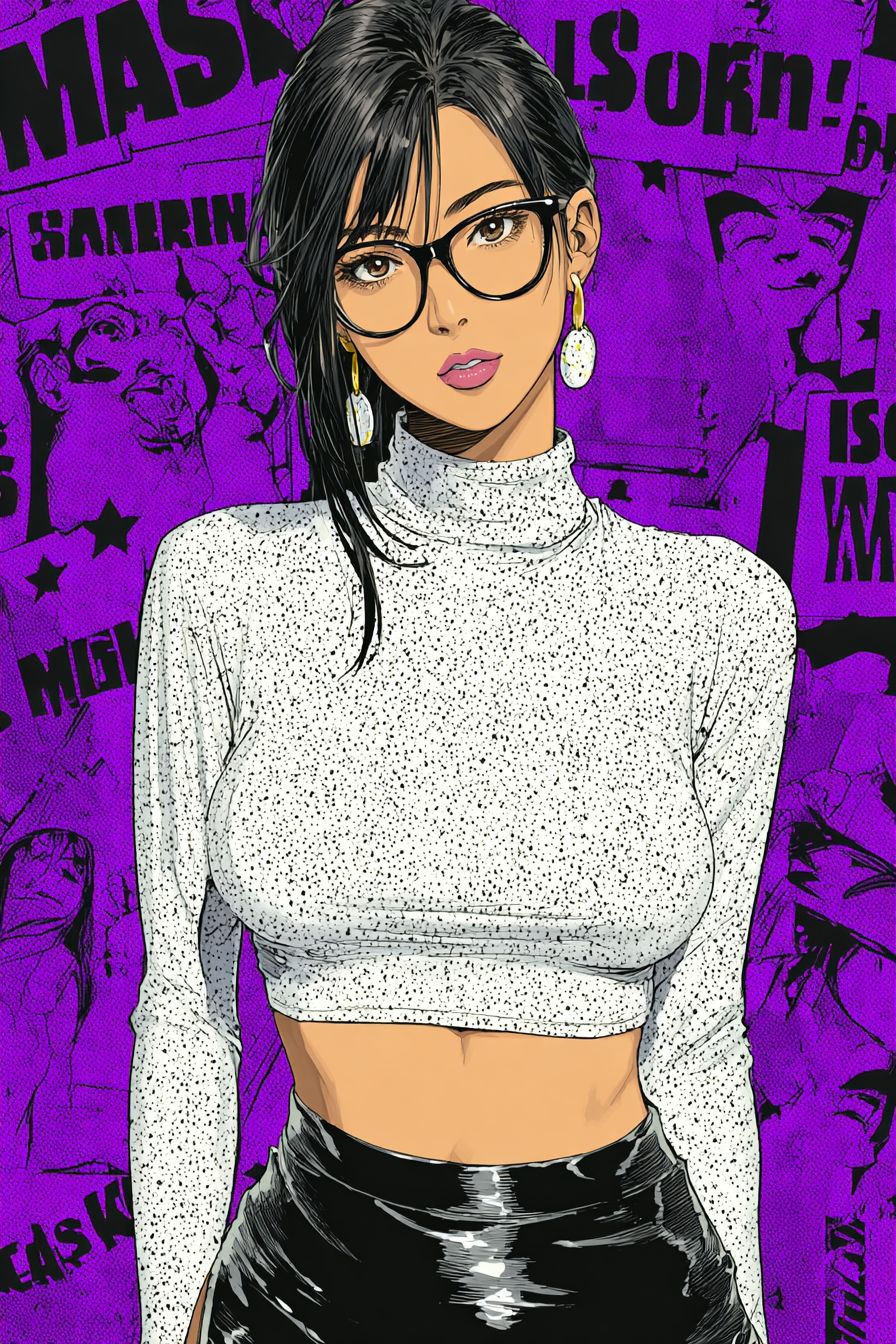 Ilustração de moda de Tifa Lockhart em um suéter preto justo e saia de couro