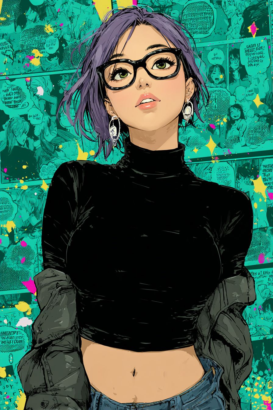 Ilustração de moda de corpo inteiro de uma garota com cabelo roxo usando um cropped preto e jaqueta de couro