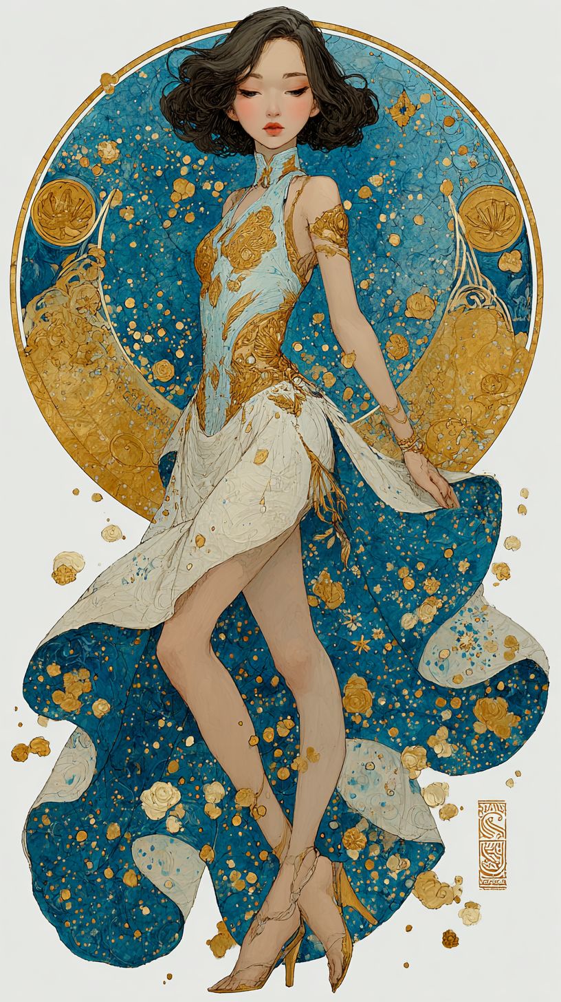 Artemis depicted in a galaxy circle in traditional Chinese painting style