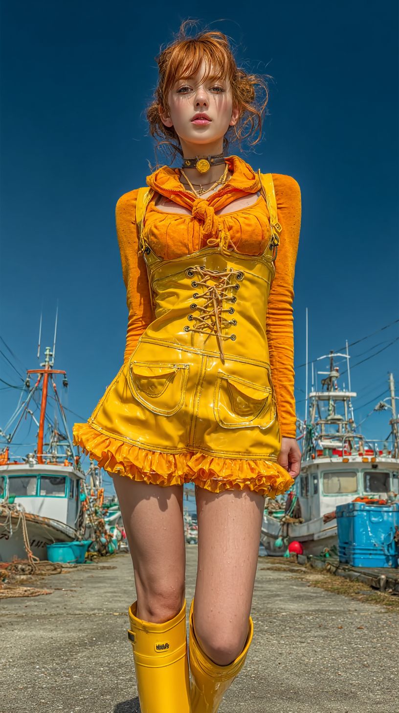 Uma adolescente japonesa vestindo um avental de borracha amarelo e botas, trabalhando em um porto de pesca moderno.