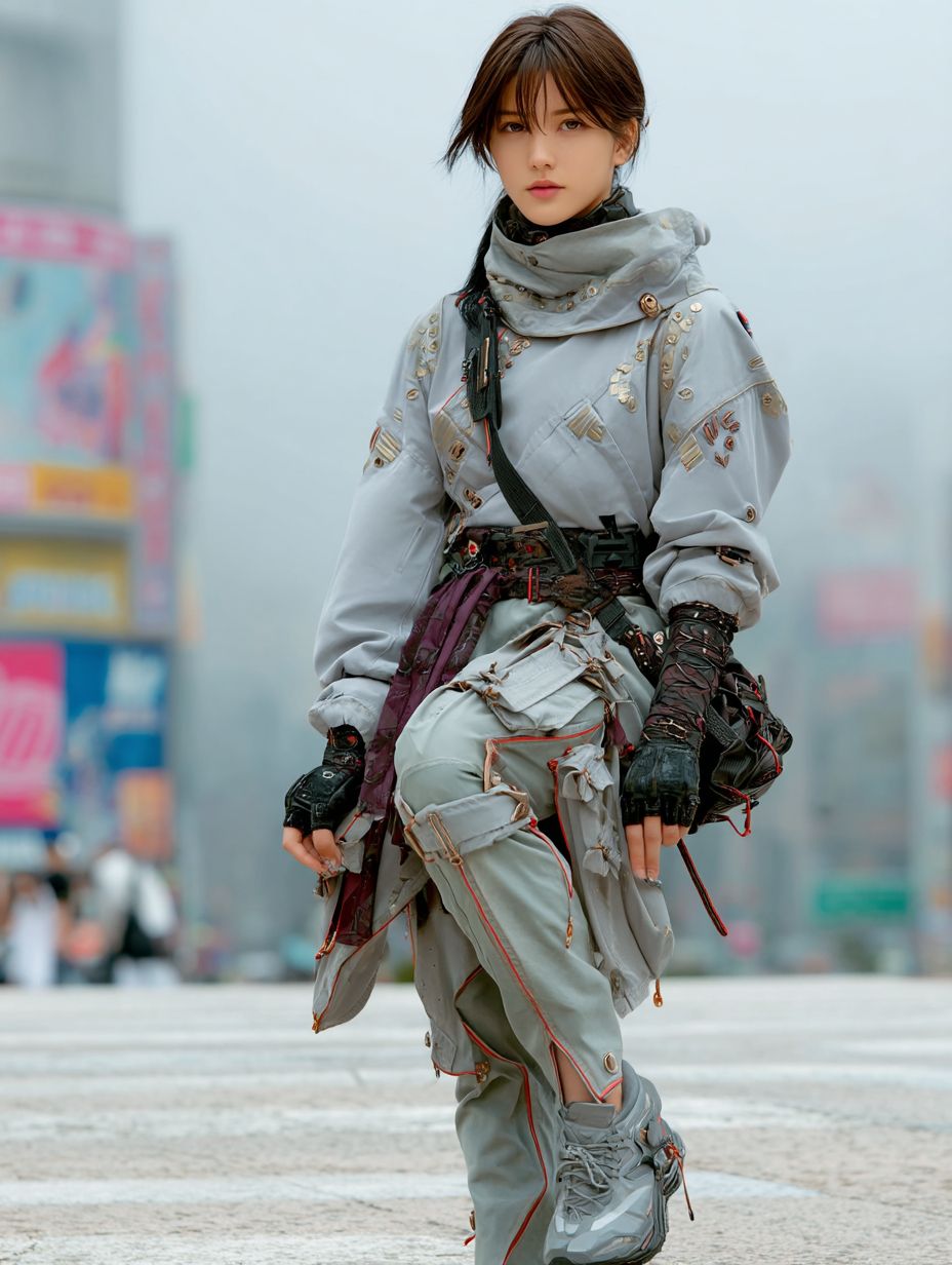 A young female ninja in a thick mist on a Tokyo street showcases a sharp expression while wearing futuristic tactical urbanwear