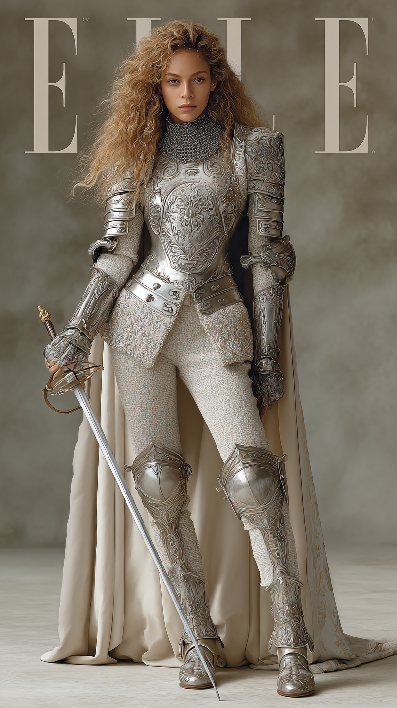 Beyoncé graces the cover of ELLE as a Chanel-inspired female knight in intricately engraved armor, showcasing confidence and regal power