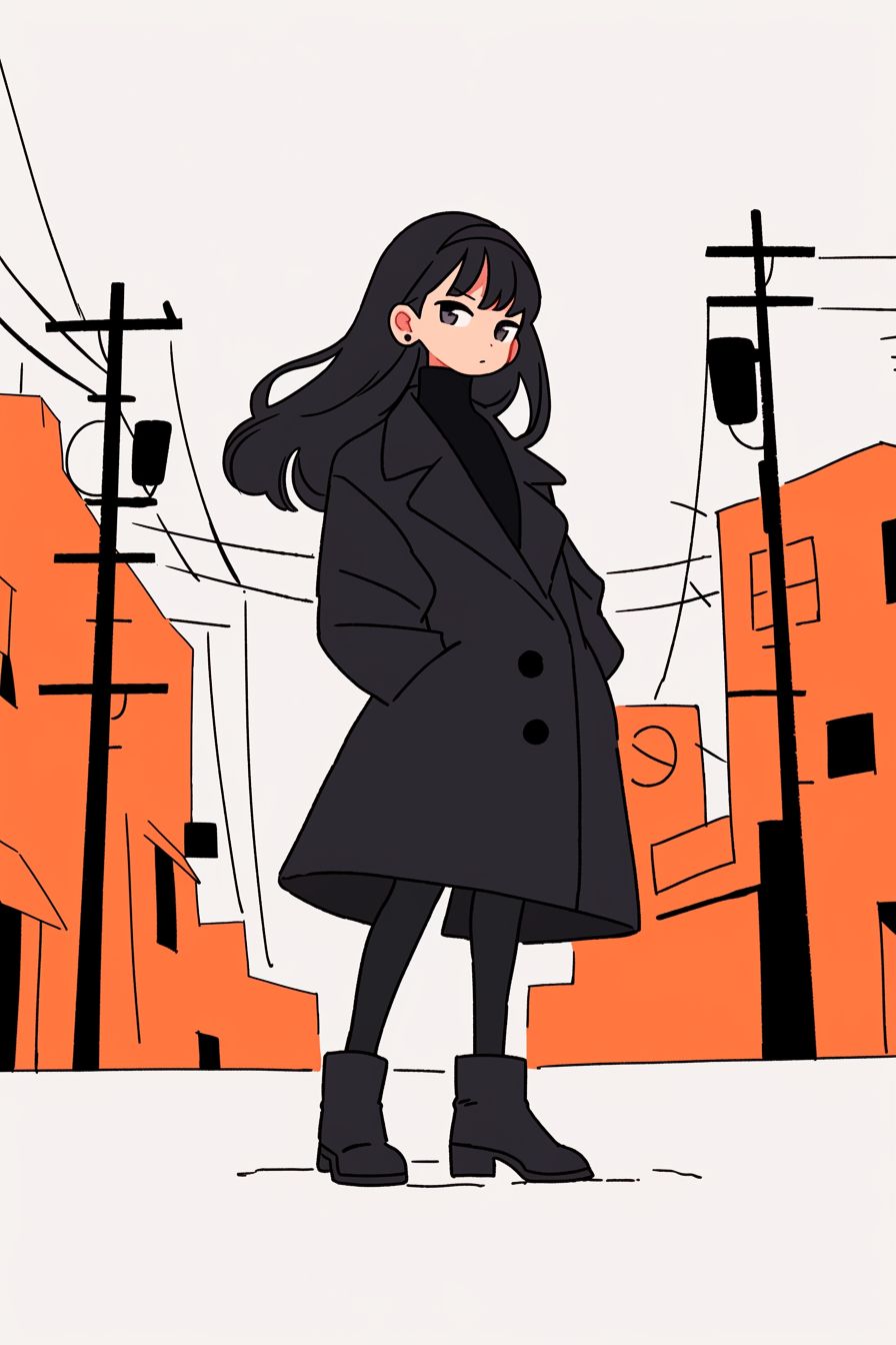 Una chica misteriosa estilo anime inspirada en Homura Akemi de Puella Magi Madoka Magica, vestida con un abrigo de trinchera morado oscuro, un cuello alto y botas hasta el tobillo, de pie en una calle urbana brumosa