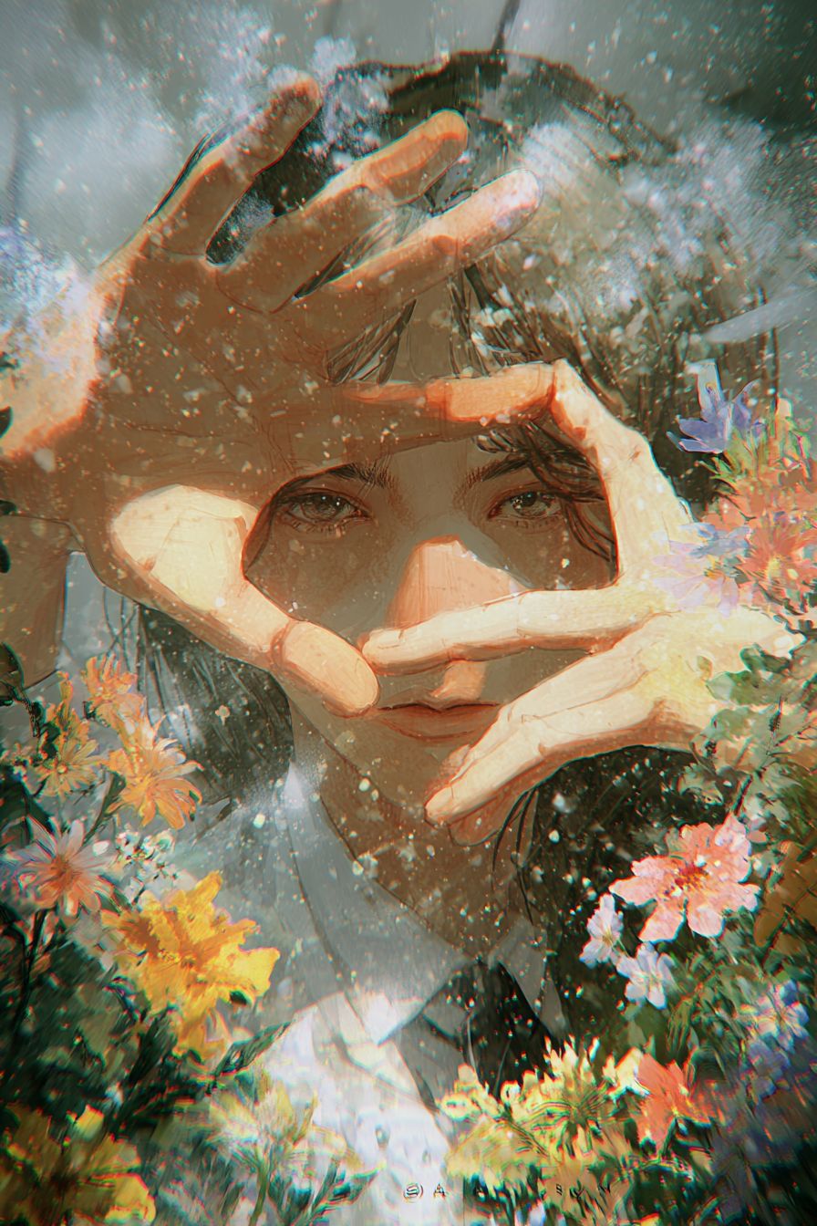 강한 채도의 일본 스타일 일러스트로, 아름다운 소녀의 얼굴을 손으로 프레임하고 긴장한 표정을 짓고 있다