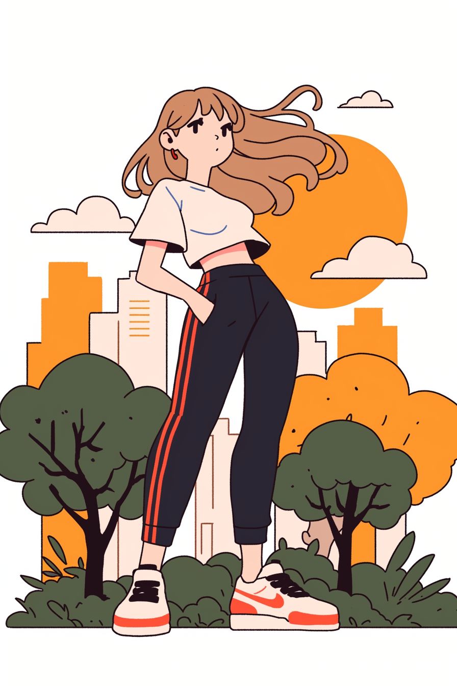 Una chica de estilo anime dinámico con un crop top deportivo, joggers y zapatillas en un parque de la ciudad