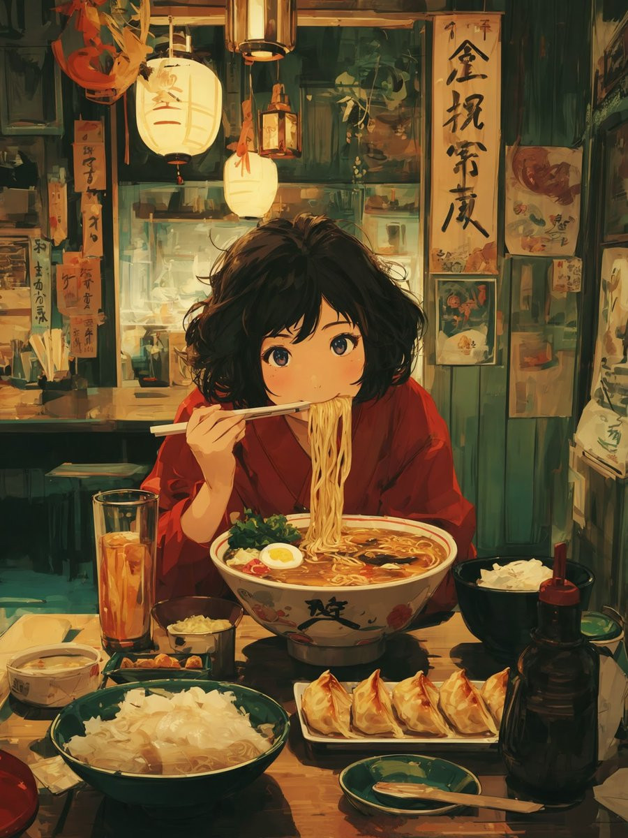 Eine junge Frau in roter Jacke isst Ramen in einem japanischen Restaurant