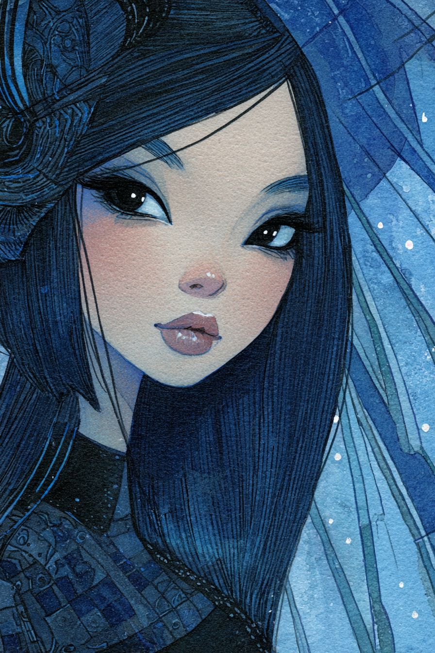 描繪一位時尚的韓國美女，藍天背景下她展現出羞澀的魅力