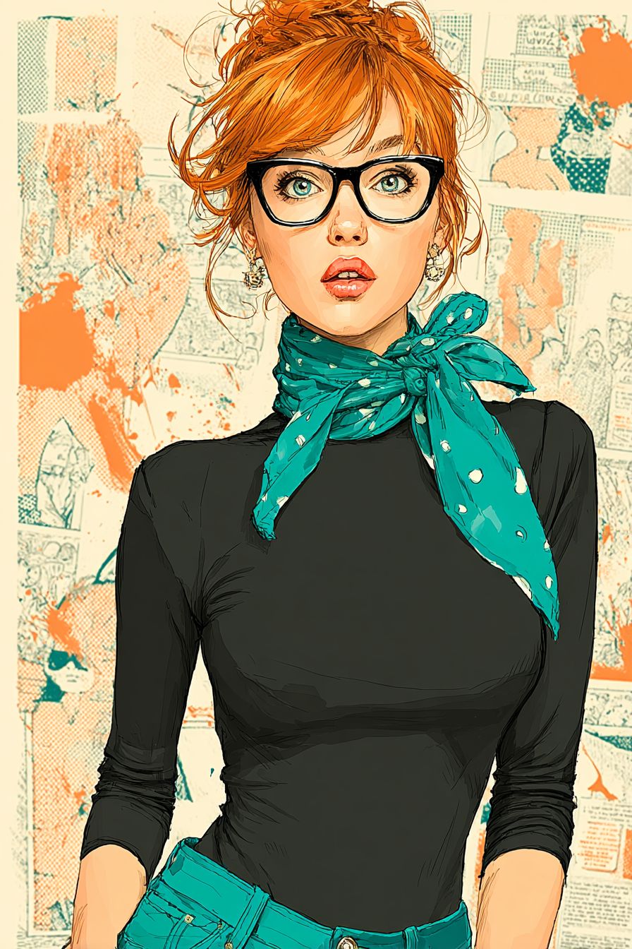 A fashion illustration of Lucy Wilde with short red hair, black-framed glasses, a fitted black turtleneck, silver stud earrings, a turquoise scarf, and black skinny jeans