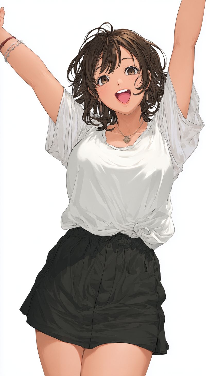 Une jeune femme joyeuse et ronde portant un T-shirt et une jupe