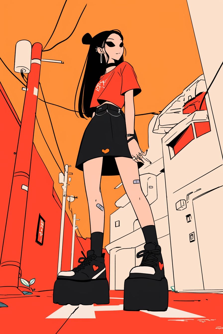 Una atrevida chica de estilo anime inspirada en Sailor Mars de Sailor Moon, que lleva un top corto rojo, una falda negra y botas de plataforma en una calle urbana ardiente con iluminación dinámica