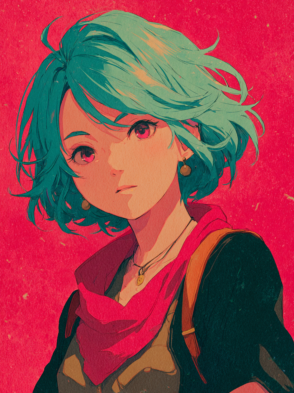 Ein süßes Mädchen mit kurzen blauen Haaren und rosa Augen