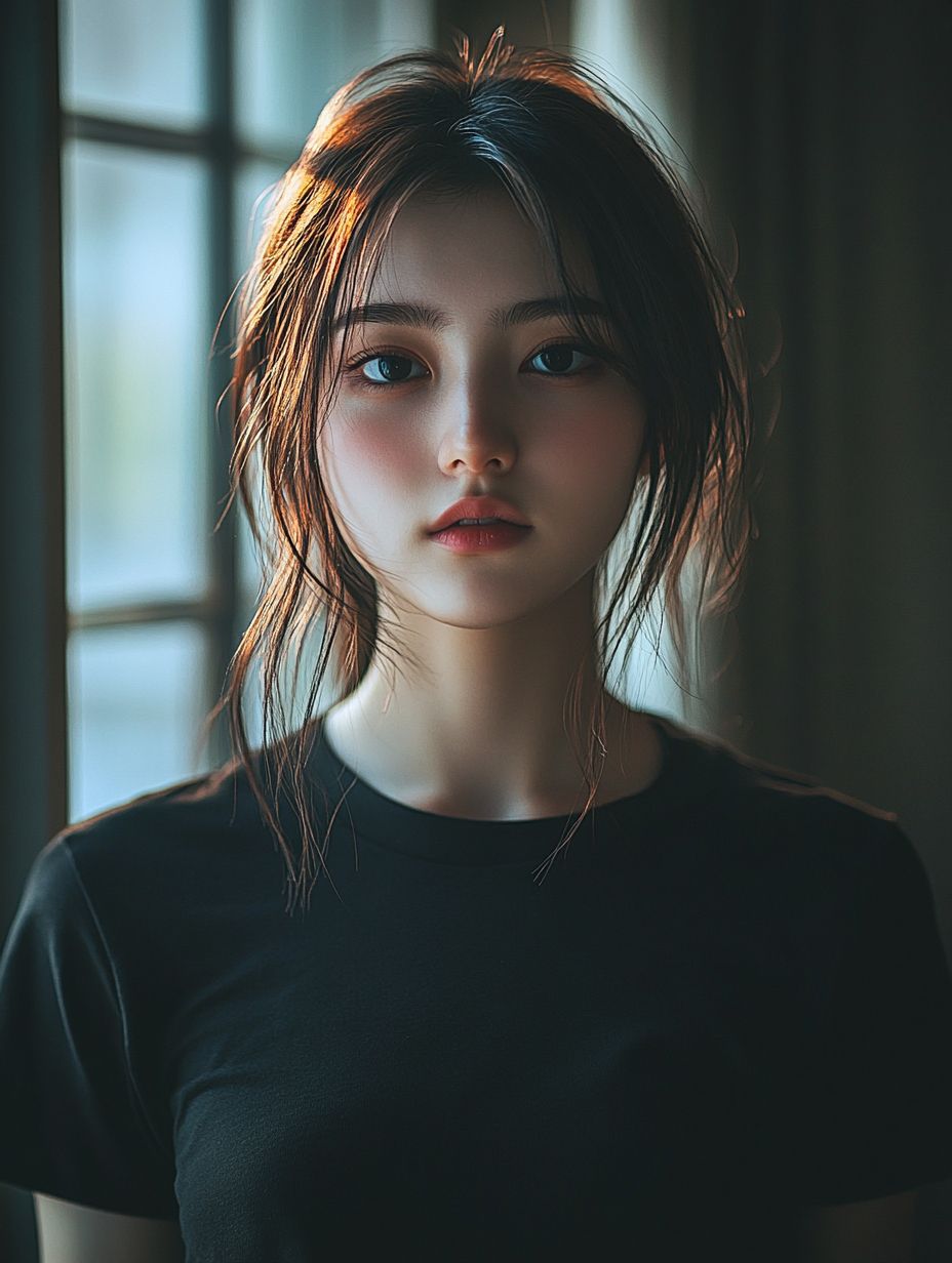 一位20歲的日本女孩，黑眼睛，正面，嚴肅的表情，穿著深色T恤，肩部以上視角。