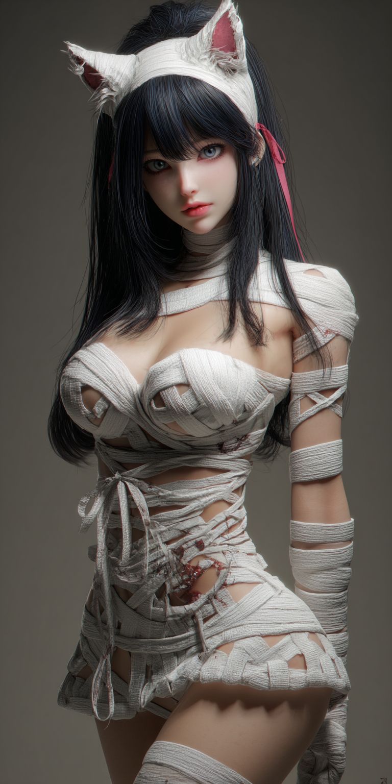 Une belle fille chat avec des oreilles blanches portant une petite robe en bandages