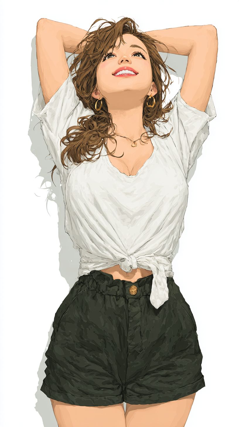 明るい体型の若い女性がTシャツとスカートを着ています