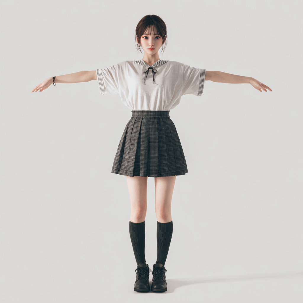 A realism photo of a Taiwanese high school girl in T-pose against a simple gray background with big cute eyes