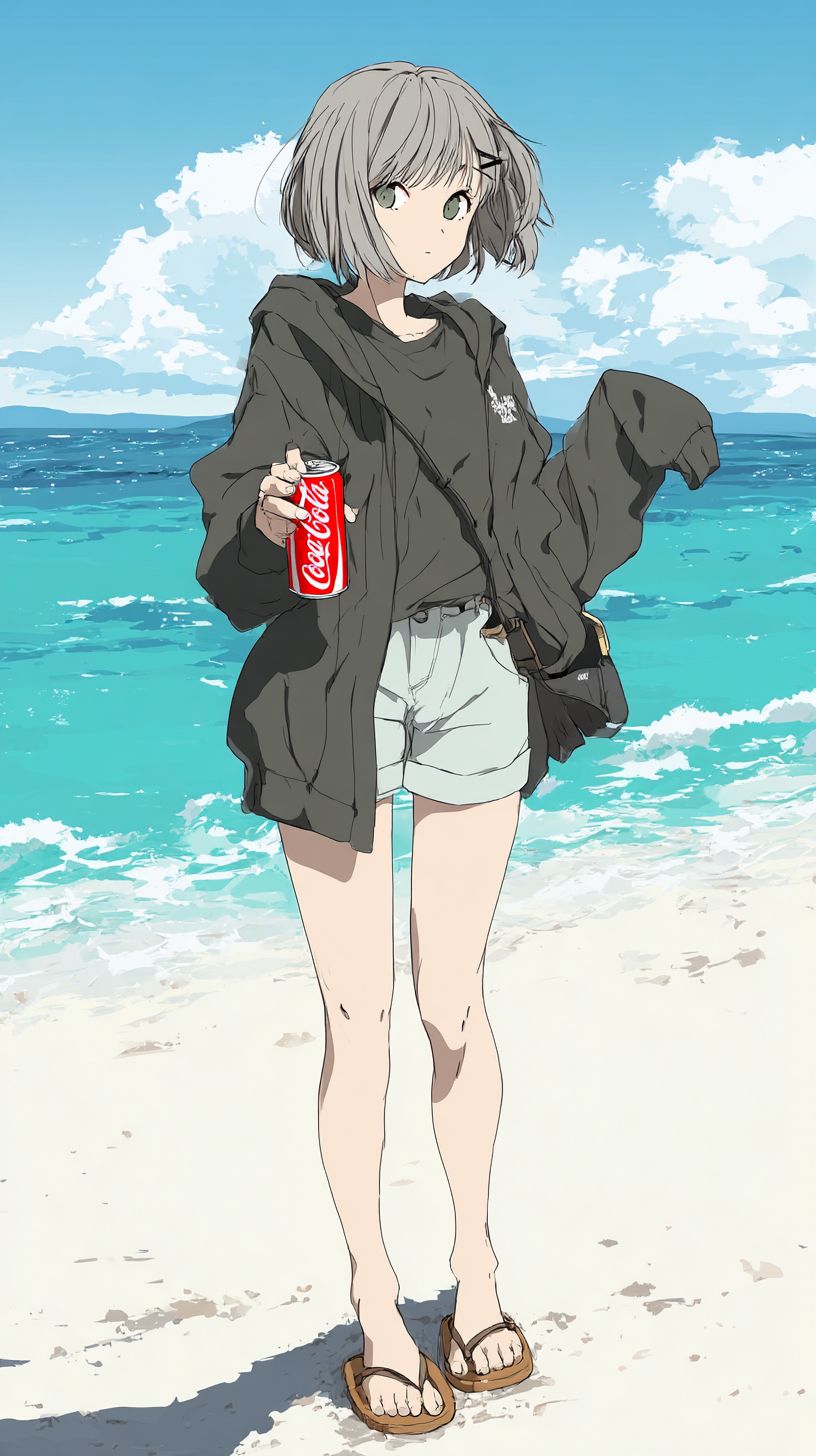 A girl with short gray hair holding a can of Coke on the beach