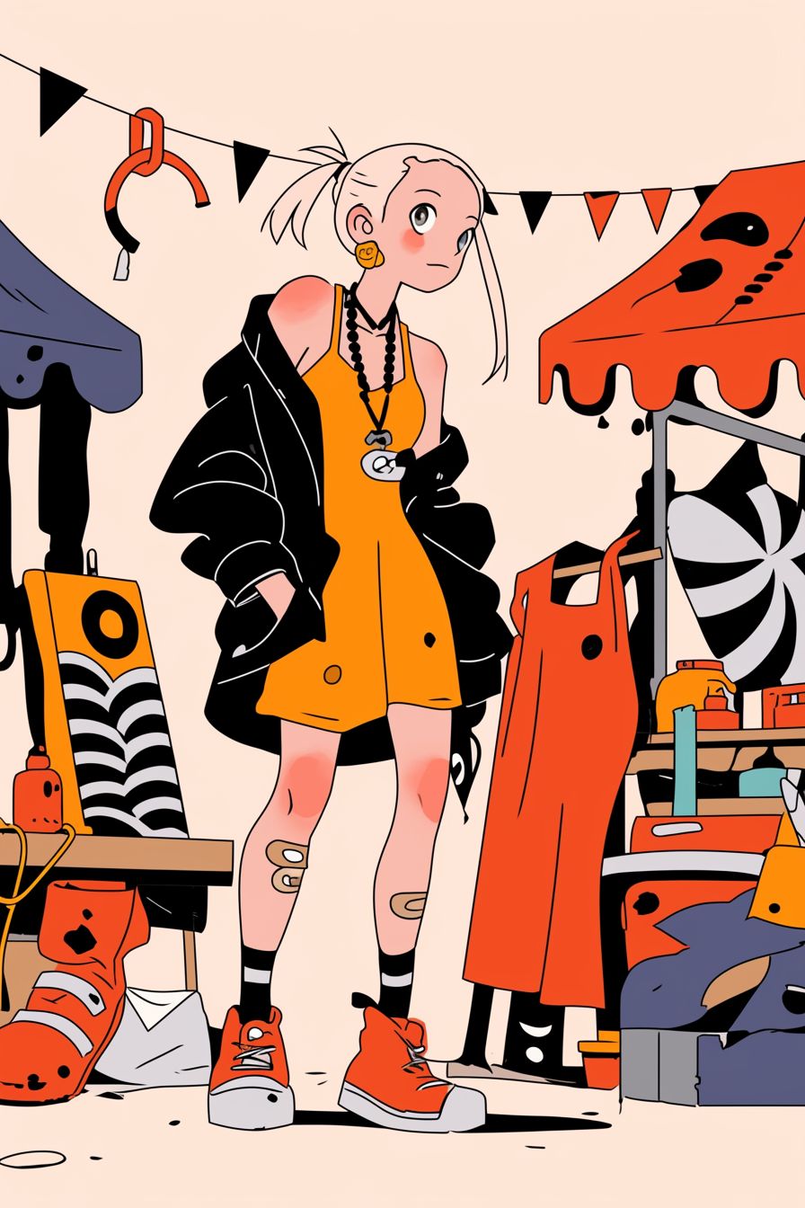A lively anime-style girl in a yellow sundress and denim jacket