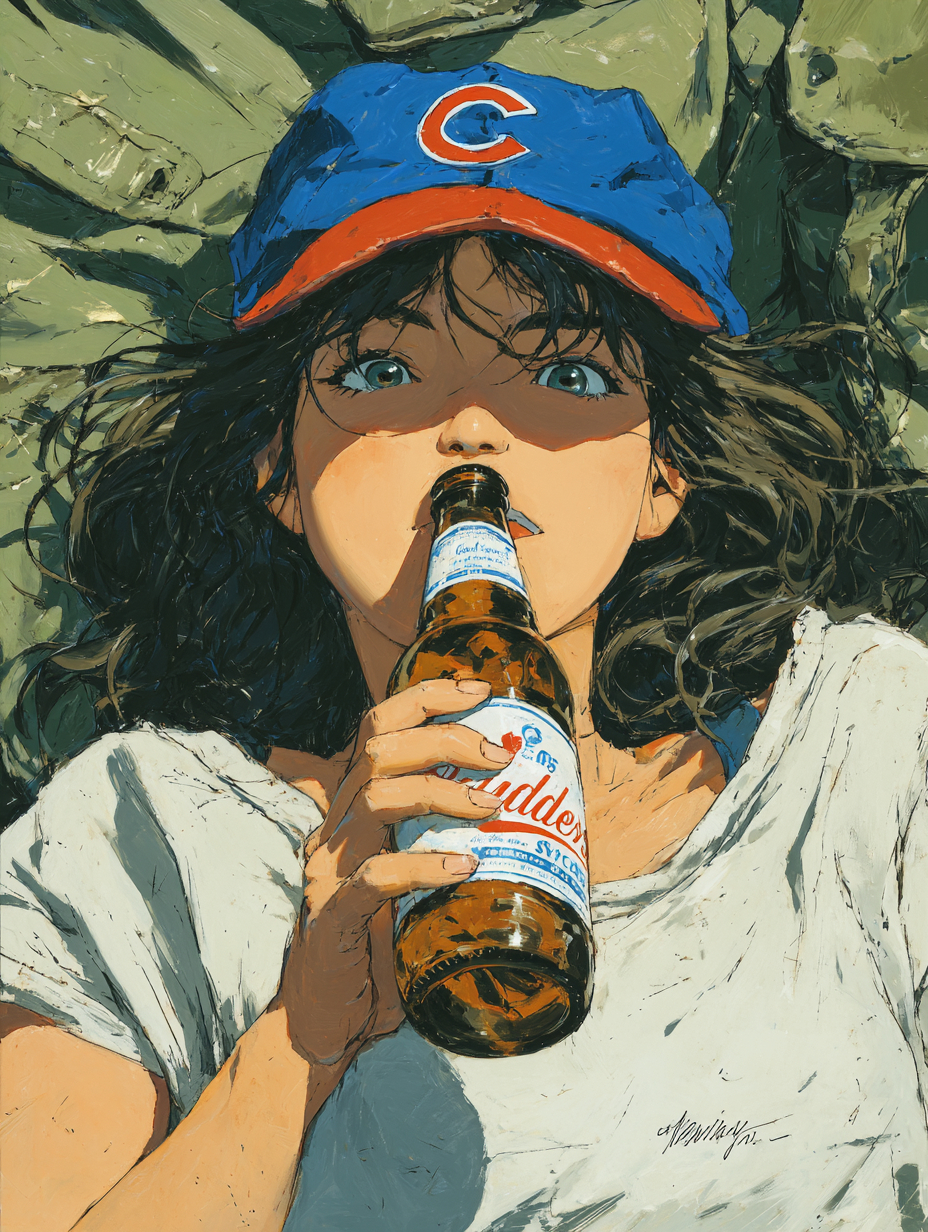 30代の日本人女性が右手にバドワイザーのビール瓶を持ち、シカゴカブスの野球帽と薄灰色のTシャツを着ています