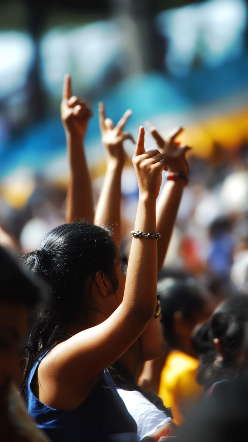 Beautiful Indian Tamil college girls with hands up in an IPL Cricket stadium