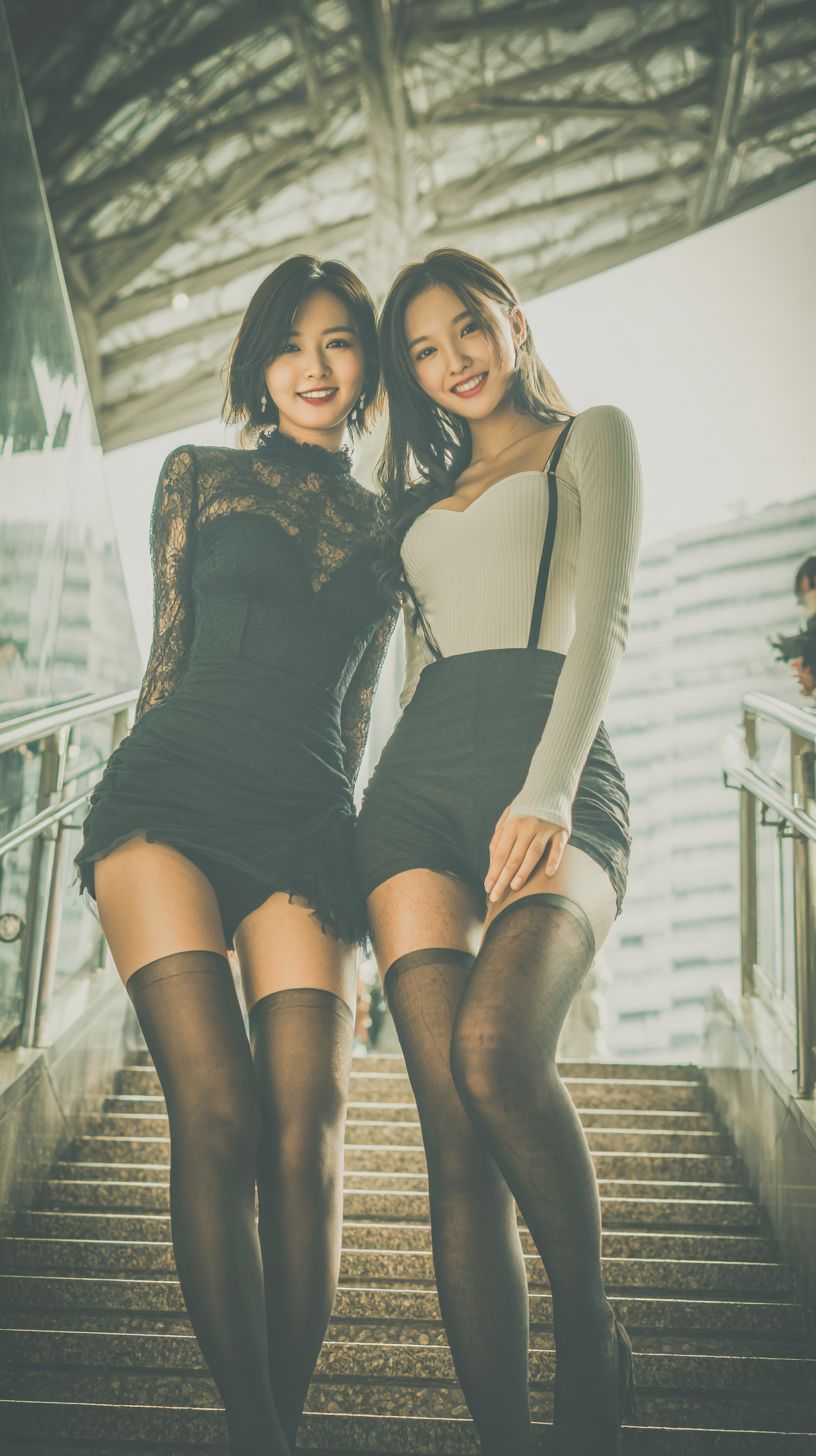 Dos chicas chinas de 20 años felices y hermosas están de pie en las escaleras de un centro comercial