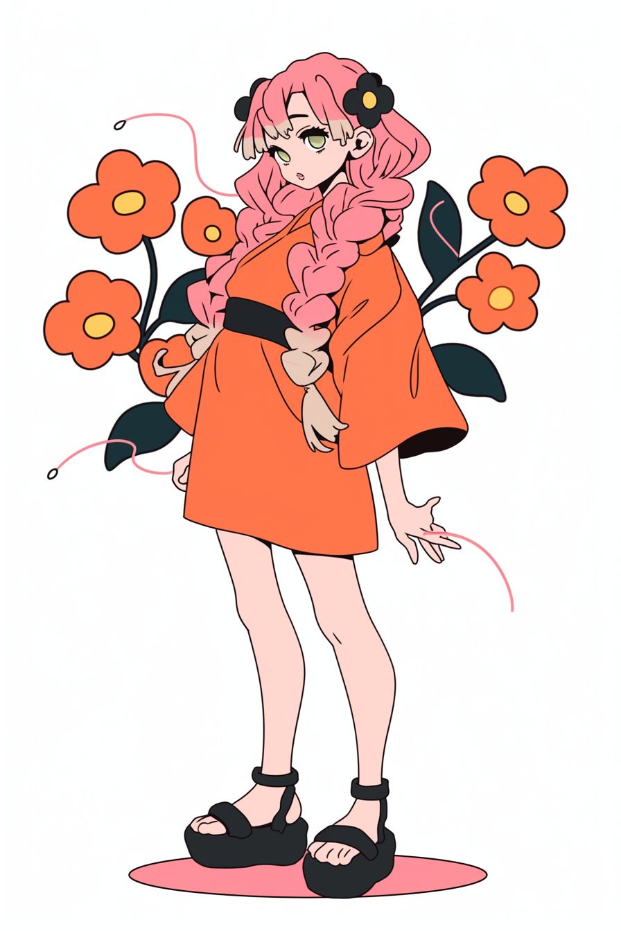 Uma garota de anime estilosa inspirada em Mitsuri Kanroji de Demon Slayer, vestindo um vestido rosa em estilo quimono em um jardim de flores de cerejeira