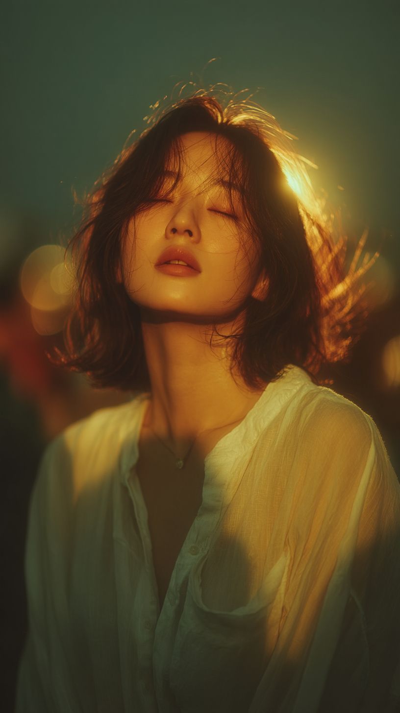 一位年輕的韓國女性穿著流動的象牙色襯衫，閉眼唱歌，似乎在回憶漫長的旅程