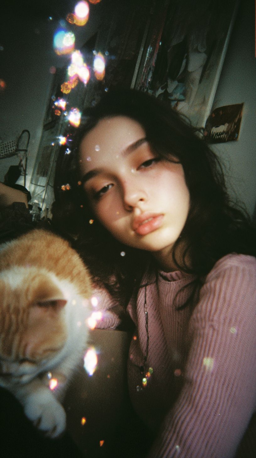 La encantadora vida diaria de una chica peculiar con personas reales, fotos de Fujifilm, textura granulada, fugas de luz y fecha de impresión de fotos