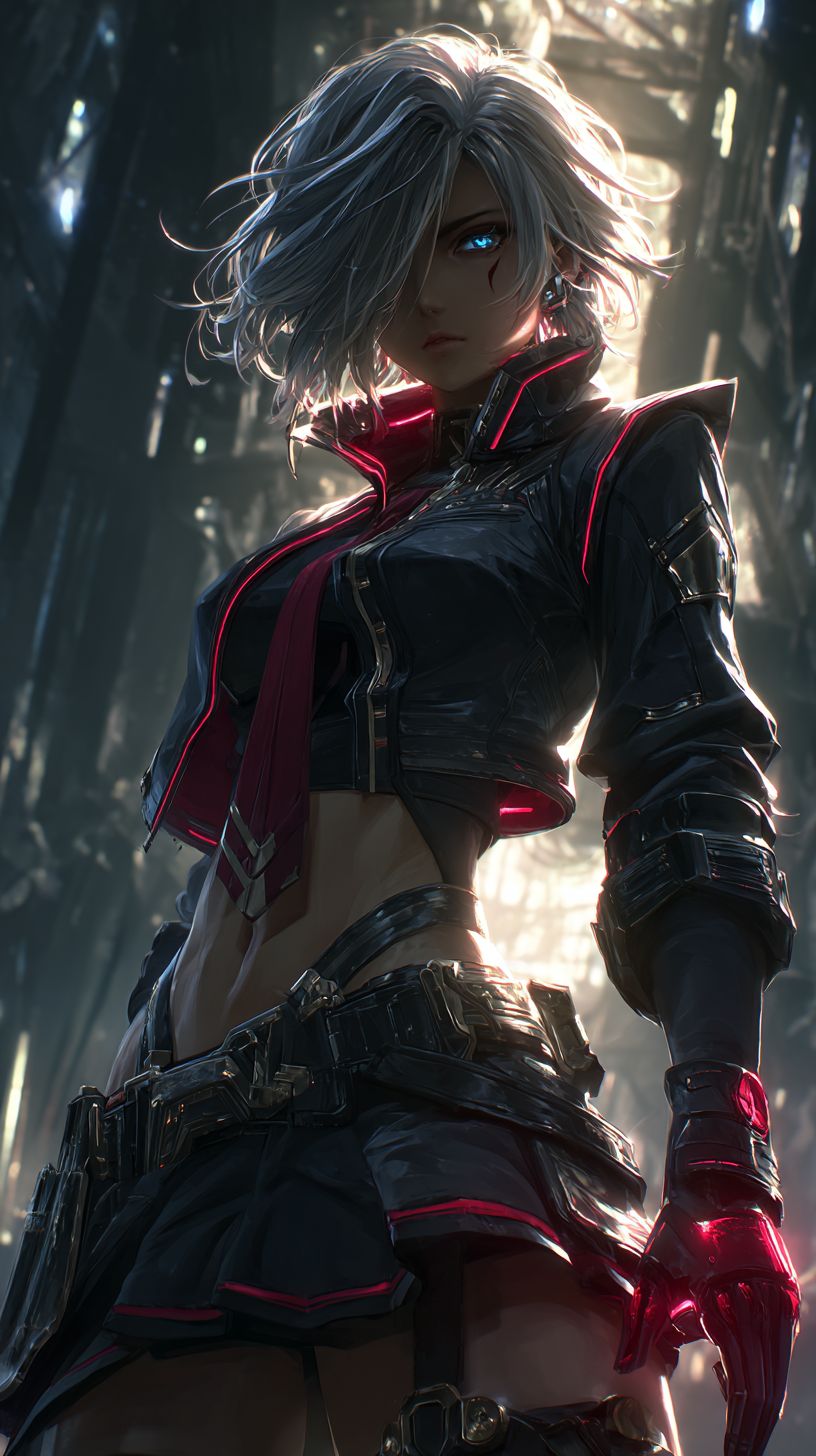 A chaos-themed female character with short wavy grey hair and fierce blue eyes wearing dark grey military-inspired attire radiating strength and elegance