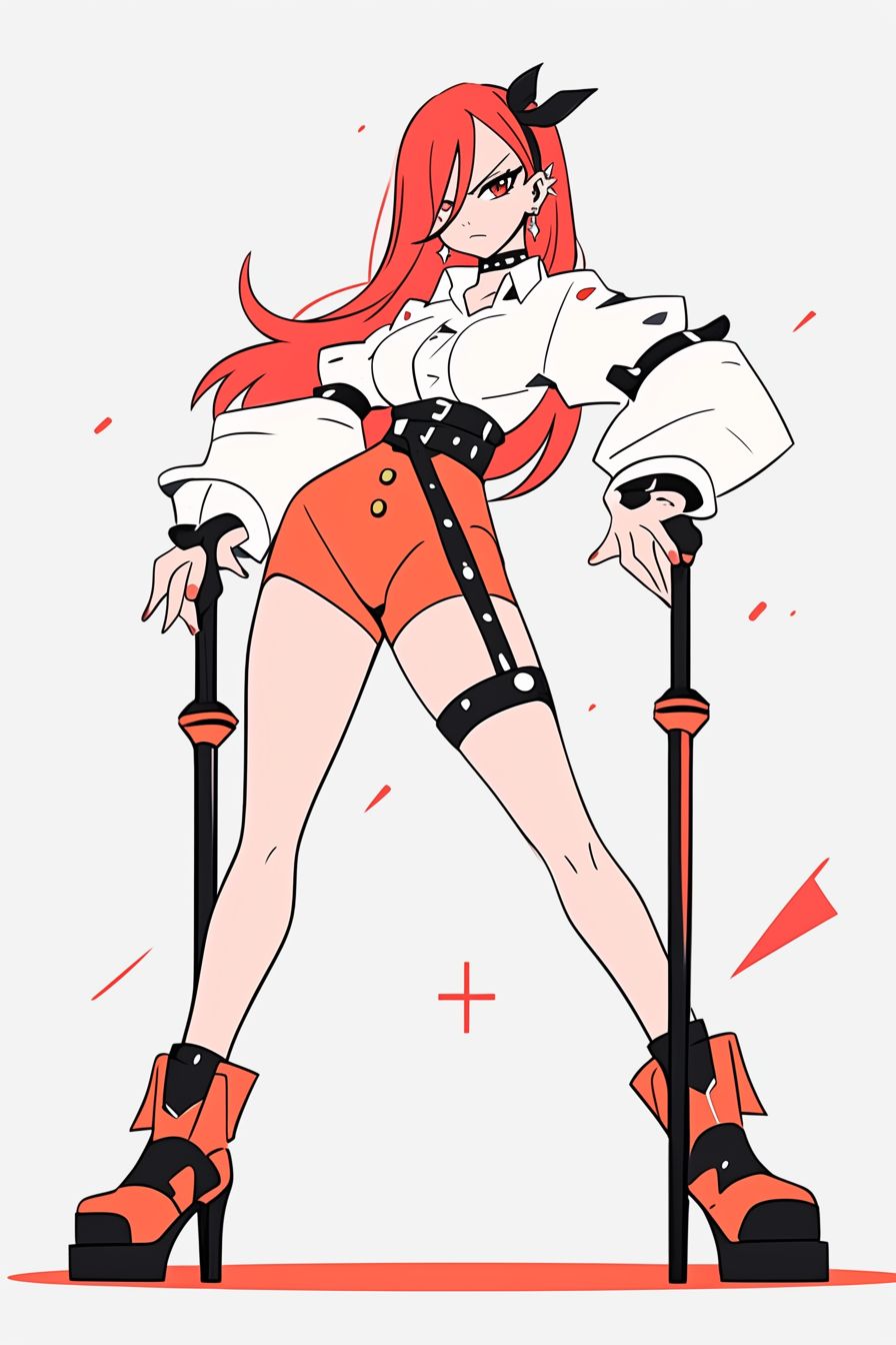 Ein wildes Anime-Mädchen, inspiriert von Erza Scarlet aus Fairy Tail, gekleidet in einen roten Lederrock und eine weiße Bluse, steht in einer futuristischen Arena