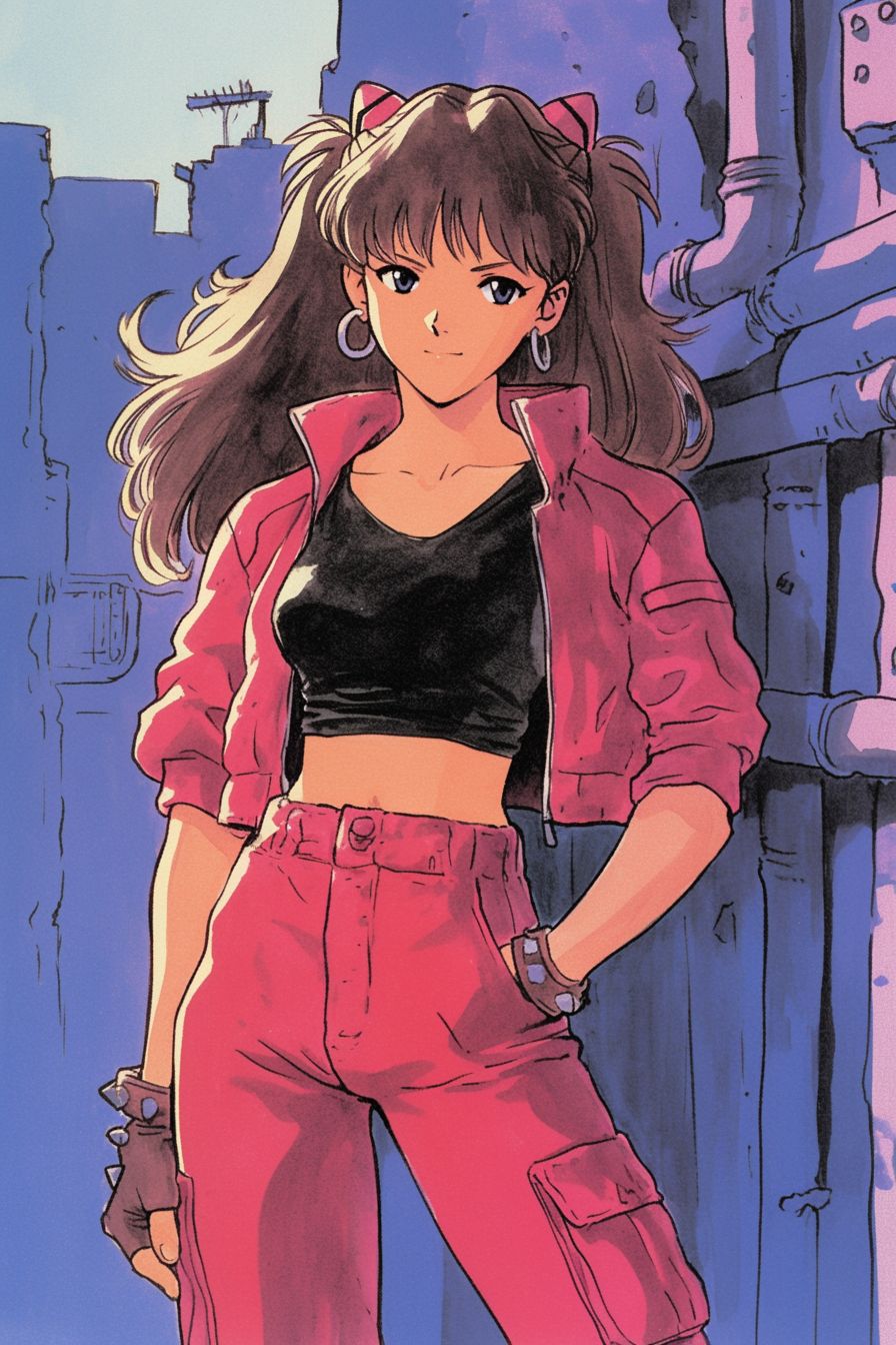 一位靈感來自《新世紀福音戰士》渚薰的強勢動漫風格女孩，穿著紅色皮夾克、黑色短上衣、工裝褲和戰鬥靴，自信地在城市小巷擺姿勢