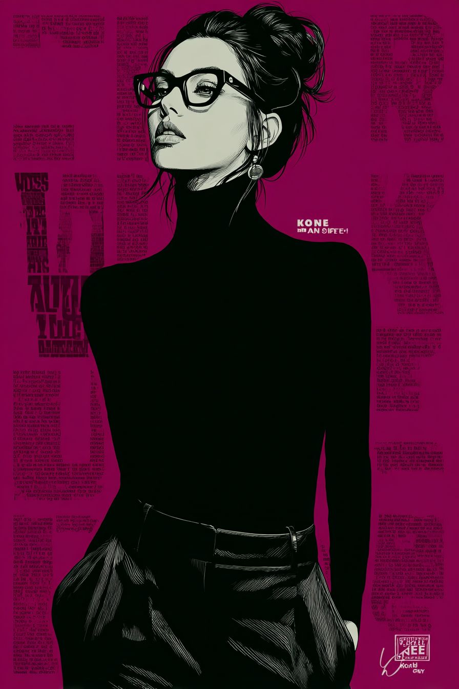 Ilustração de moda de Anne Hathaway usando um bodysuit preto e um blazer sob medida