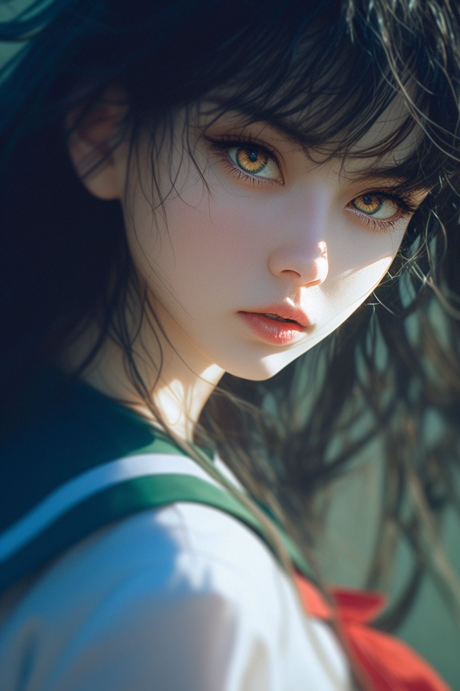 Um retrato borrado mostra a imagem viva e pura de Kagome Higurashi