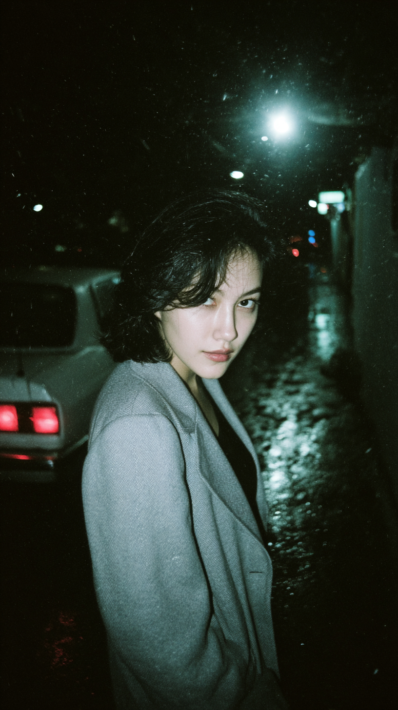 Eine japanische Frau steht nachts allein im Regen und weckt Nostalgie für die Showa-Ära