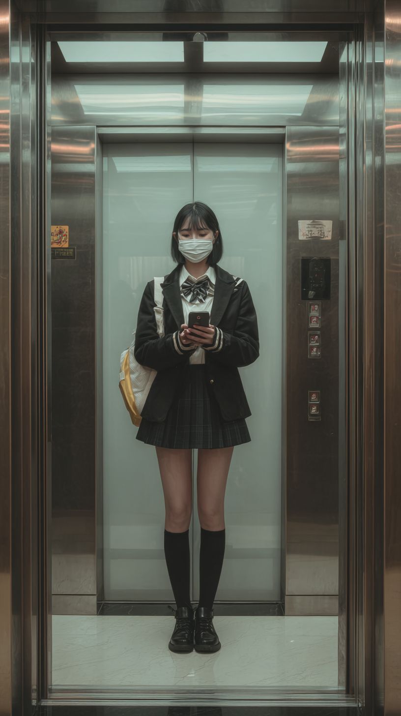 一位年轻美丽的中国女大学生在电梯中穿着校服，佩戴口罩，手持智能手机