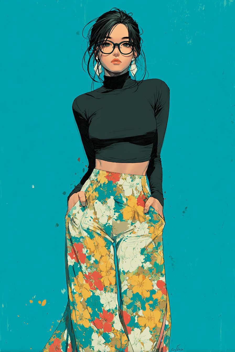 Ilustração de moda de Nico Robin vestindo um suéter preto ajustado e uma saia maxi estampada