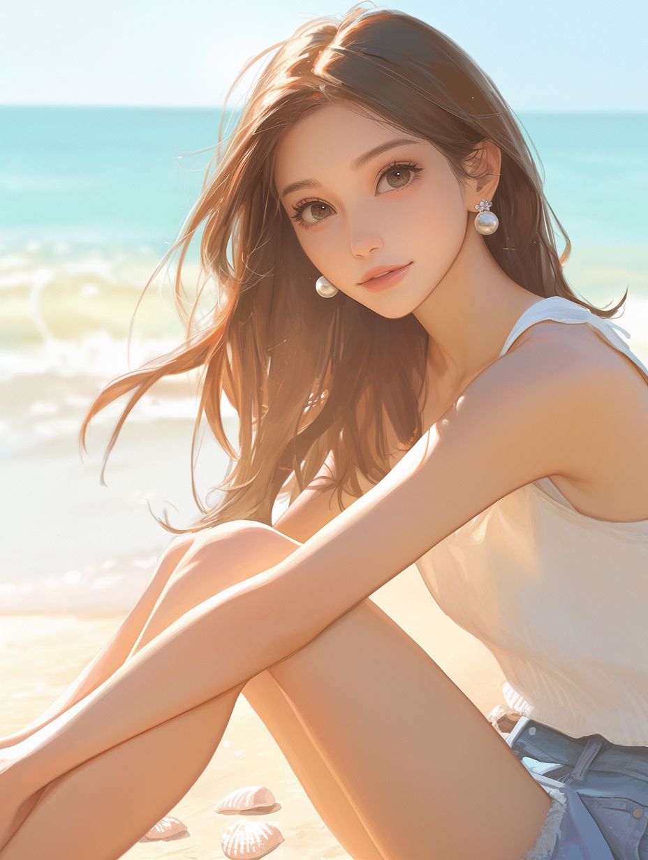 一個20歲的亞洲女孩坐在海灘上，穿著白色背心和牛仔短褲