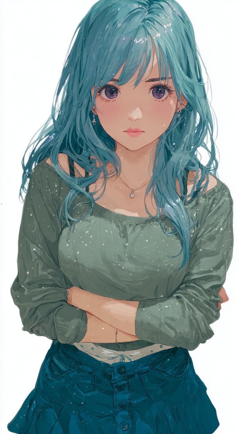 Uma garota tímida em estilo anime com longos cabelos azul platina em uma saia de tênis, expressando vergonha em sua pose