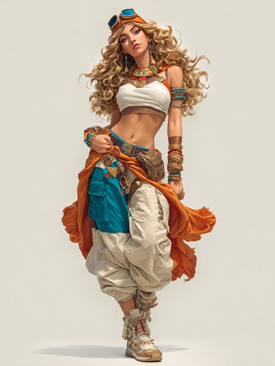 A full body shot of a wavy haired blonde female character in a beach style